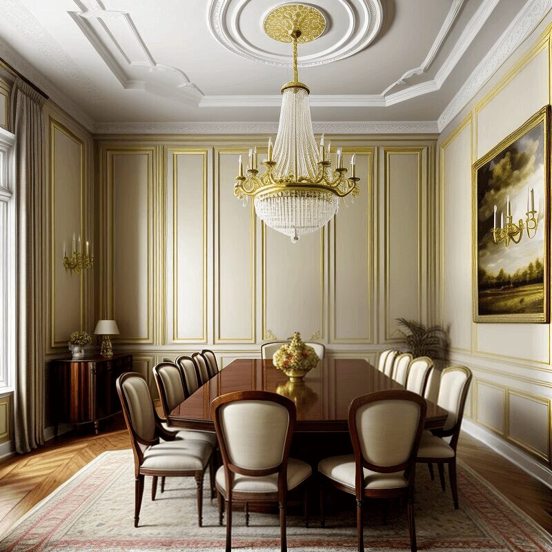 Elegant dining room with chandelier and table.