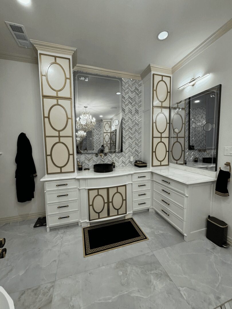 Elegant bathroom vanity with large mirror.