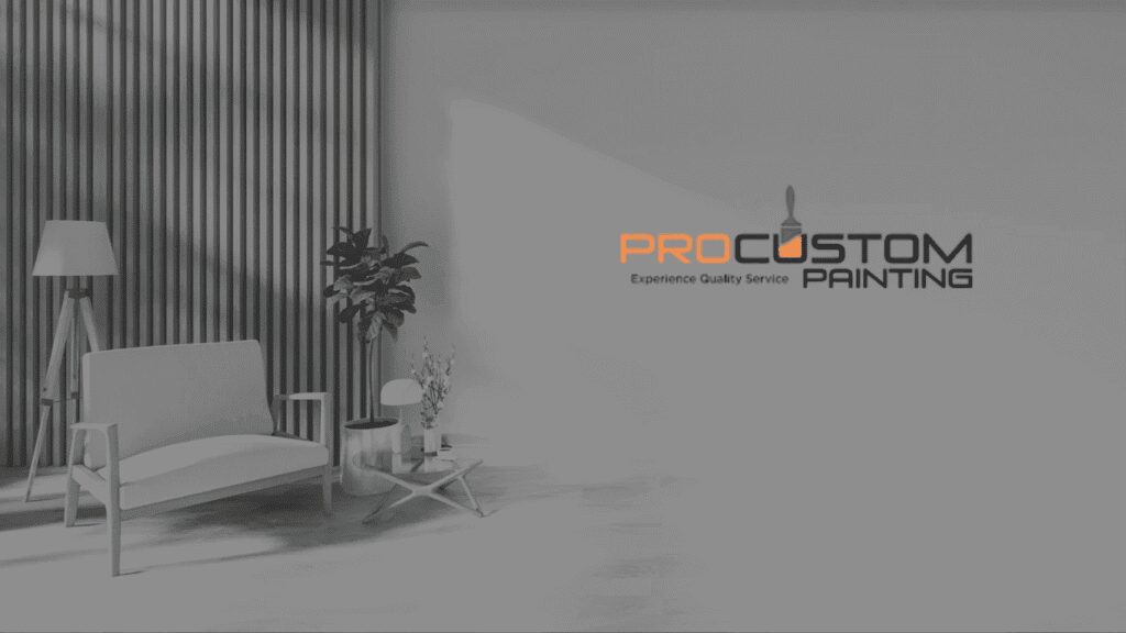 Modern living room with Pro Custom Painting logo.