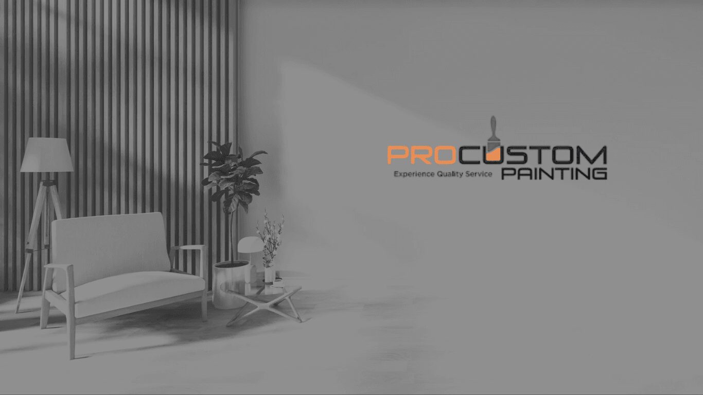 Modern living room with Pro Custom Painting logo.